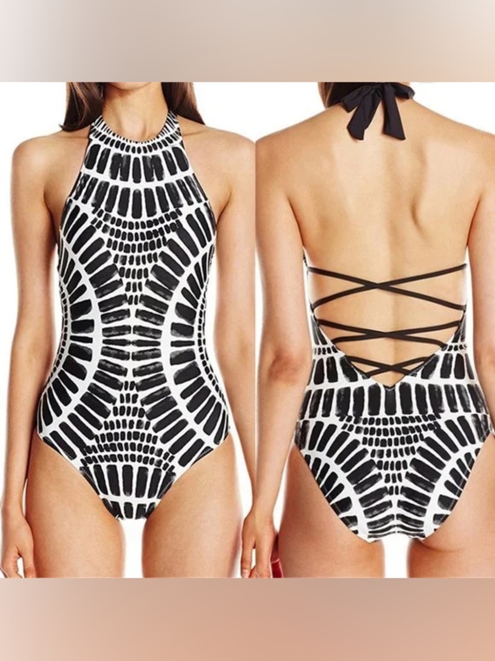 Trina Turk Algiers Black White High-Neck Tie Halter One-Piece Swimsuit 3704